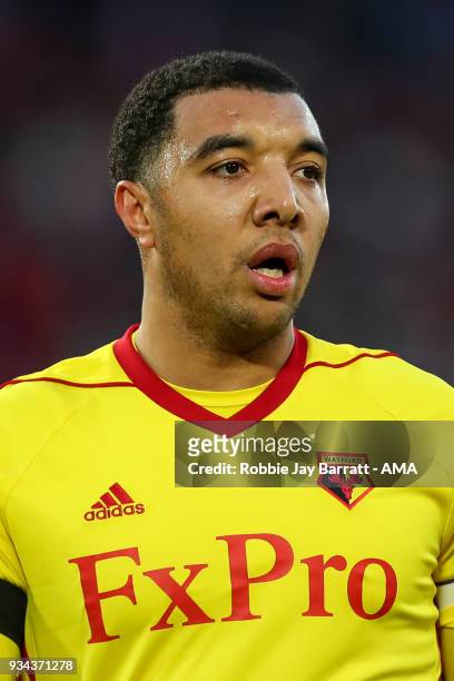 Troy Deeney of Watford during the Premier League match between Liverpool and Watford at Anfield on March 17, 2018 in Liverpool, England.