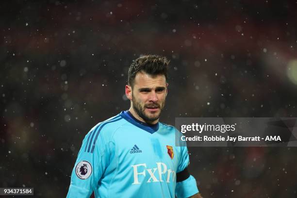 Orestis Karnezis of Watford during the Premier League match between Liverpool and Watford at Anfield on March 17, 2018 in Liverpool, England.