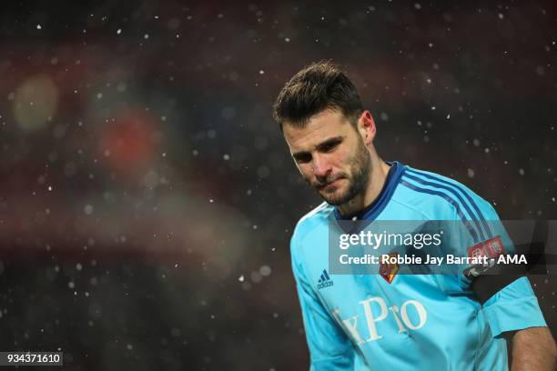Orestis Karnezis of Watford during the Premier League match between Liverpool and Watford at Anfield on March 17, 2018 in Liverpool, England.