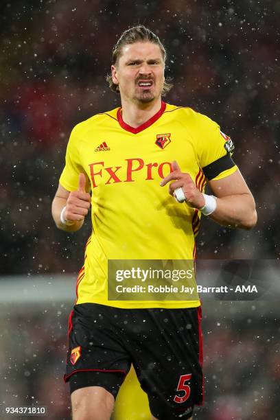 Sebastian Prodl of Watford during the Premier League match between Liverpool and Watford at Anfield on March 17, 2018 in Liverpool, England.