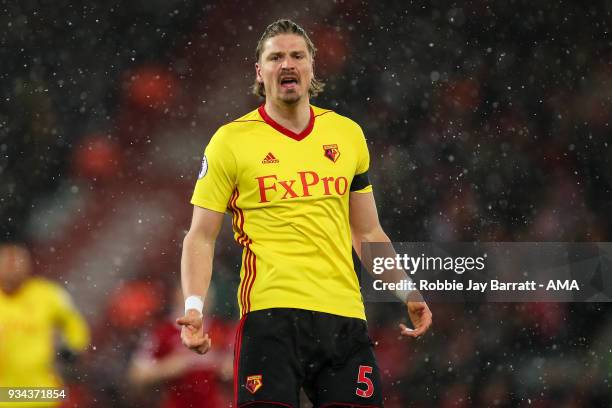 Sebastian Prodl of Watford during the Premier League match between Liverpool and Watford at Anfield on March 17, 2018 in Liverpool, England.