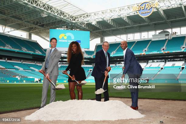 Mark Sharpiro WME/IMG Co-President, Serena Williams, Stephen Ross, Miami Dolphins owner and James Blake,Tournament Director pose for a photograph at...