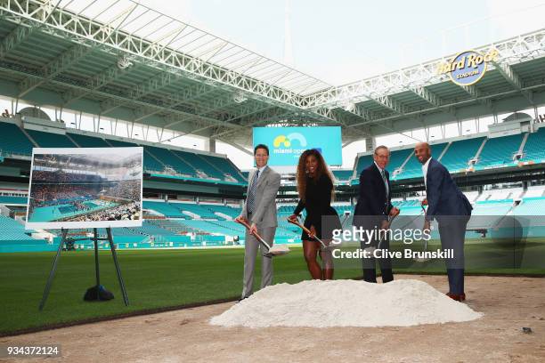 Mark Sharpiro WME/IMG Co-President, Serena Williams, Stephen Ross, Miami Dolphins owner and James Blake,Tournament Director pose for a photograph at...
