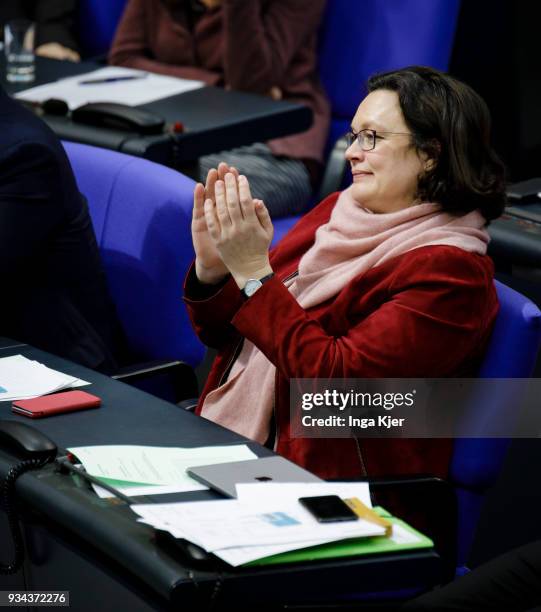 Berlin, Germany Parliamentary group leader of the Social Democratic Party Andrea Nahles, captured on March 16, 2018 in Berlin, Germany.