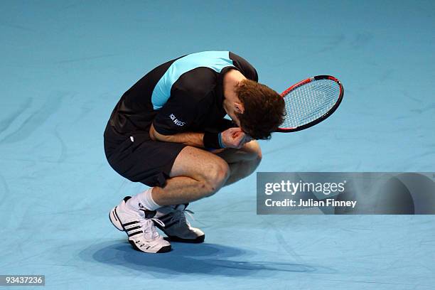 Andy Murray of Great Britain celebrates winning the men's singles round robin match against Fernando Verdasco of Spain during the Barclays ATP World...