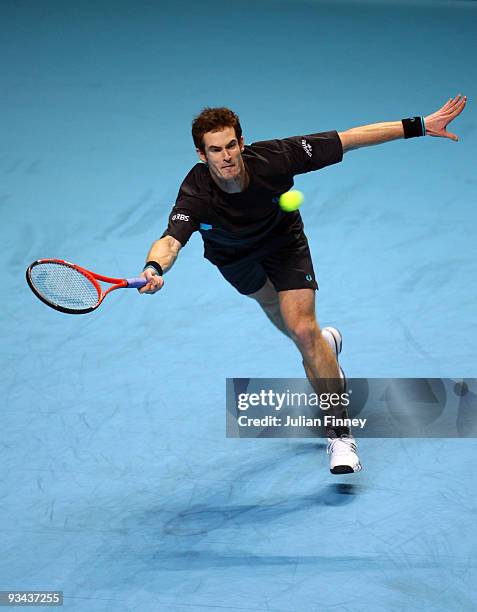 Andy Murray of Great Britain serves during the men's singles round robin match against Fernando Verdasco of Spain during the Barclays ATP World Tour...