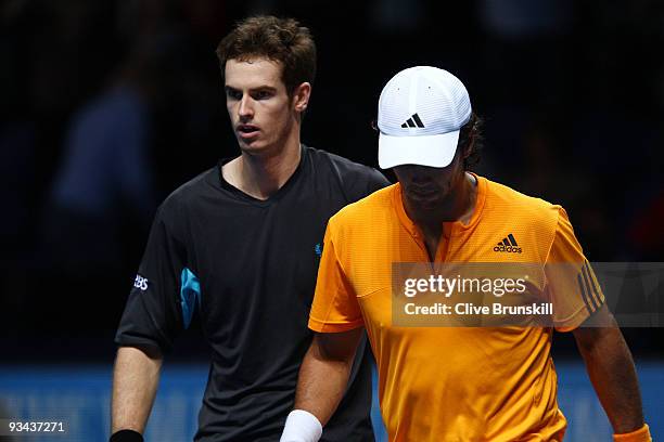 Andy Murray of Great Britain walks next to Fernando Verdasco of Spain after their men's singles round robin match at the Barclays ATP World Tour...