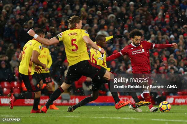 Mohamed Salah of Liverpool during the Premier League match between Liverpool and Watford at Anfield on March 17, 2018 in Liverpool, England.