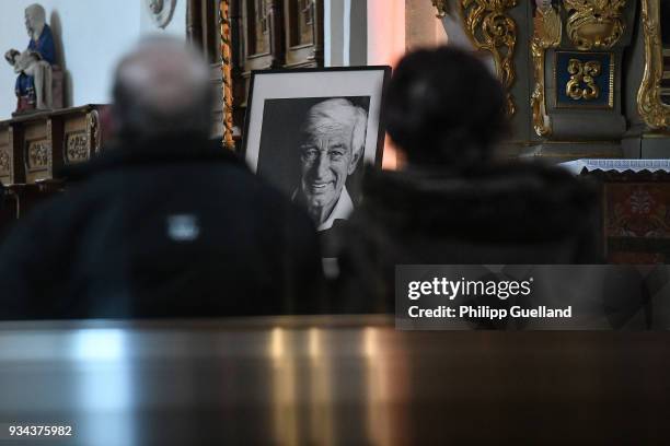 Memorial portrait is seen before the memorial service for Siegfried Rauch at St Ulrich Church on March 19, 2018 in Habach near Murnau, Germany....