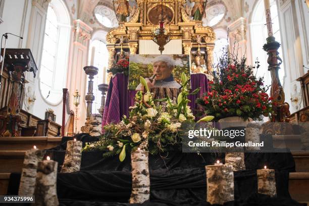 Memorial portrait is seen before the memorial service for Siegfried Rauch at St Ulrich Church on March 19, 2018 in Habach near Murnau, Germany....