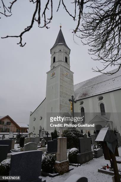 Outside view of St Ulrich Church during the memorial service for Siegfried Rauch at St Ulrich Church on March 19, 2018 in Habach near Murnau,...
