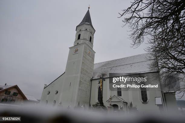 Outside view of St Ulrich Church during the memorial service for Siegfried Rauch at St Ulrich Church on March 19, 2018 in Habach near Murnau,...