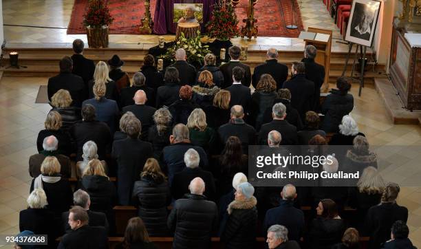 Mourners attend the memorial service for Siegfried Rauch at St Ulrich Church on March 19, 2018 in Habach near Murnau, Germany. German actor Siegfried...