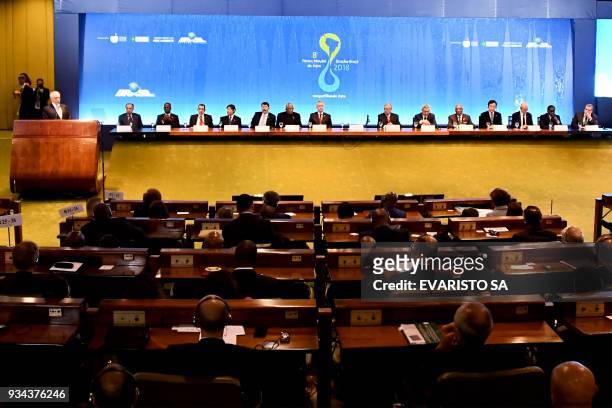 Brazilian President Michel Temer delivers a speech during the opening ceremony of the 8th World Water Forum at Itamaraty Palace in Brasilia, on March...