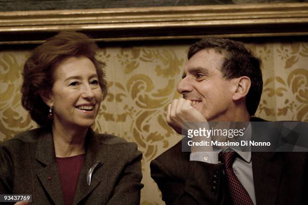 The Mayor of Milan Letizia Moratti and Director of the Louvre Museum Henri Loyrette attend the press conference to launch the exhibition of the San...