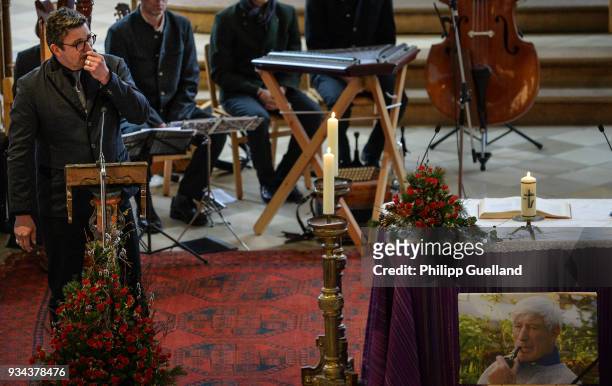 Actor Hans Sigl speaks during the memorial service for Siegfried Rauch at St Ulrich Church on March 19, 2018 in Habach near Murnau, Germany. German...