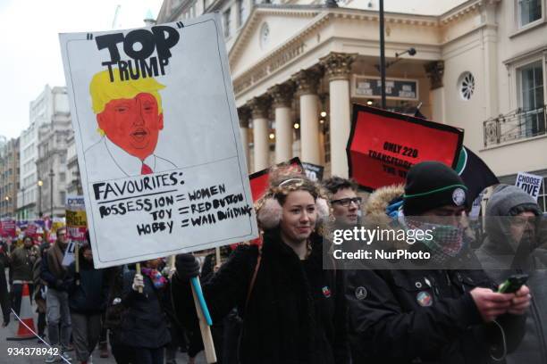 Protester at UN Anti-Racism Day March in London, UK, on 17 March 2018. The annual Stand Up To Racism demonstration is held on United Nations...