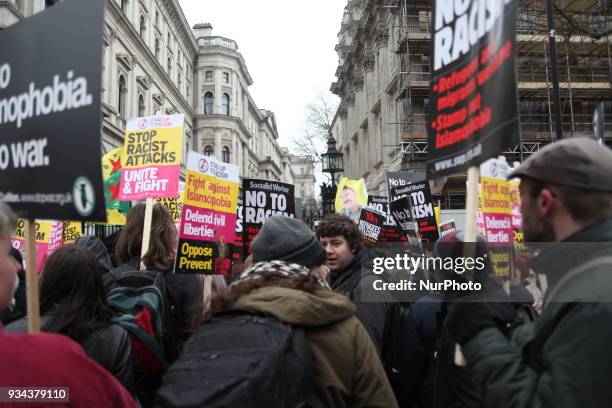 Protesters at UN Anti-Racism Day March outside Downing Street, London, on 17 March 2018. The annual Stand Up To Racism demonstration is held on...