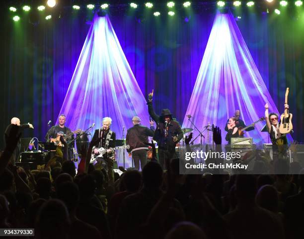 Mike Garson, Joe Sumner, Gerry Leonard, Mr Hudson, Bernard Fowler, Lee John Madeloni, Evan Rachel Wood, Carmine Rojas, and Earl Slick perform during...