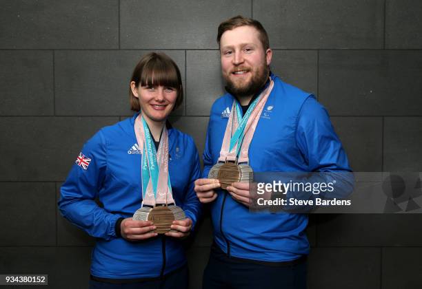 Medalists Millie Knight and Brett Wild pose with their respective medals as Team ParalympicsGB arrive back from the PyeongChang 2018 Paralympic...