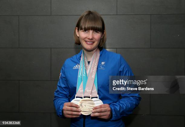 Medalist Millie Knight poses with her respective medals as Team ParalympicsGB arrive back from the PyeongChang 2018 Paralympic Winter Games at...