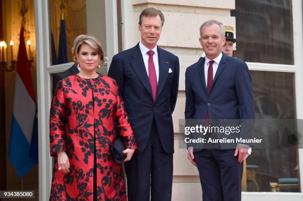 Maria Teresa, Grand Duchess of Luxembourg and Henri, Grand Duke of Luxembourg are welcomed by Francois de Rugy, President of the French National...