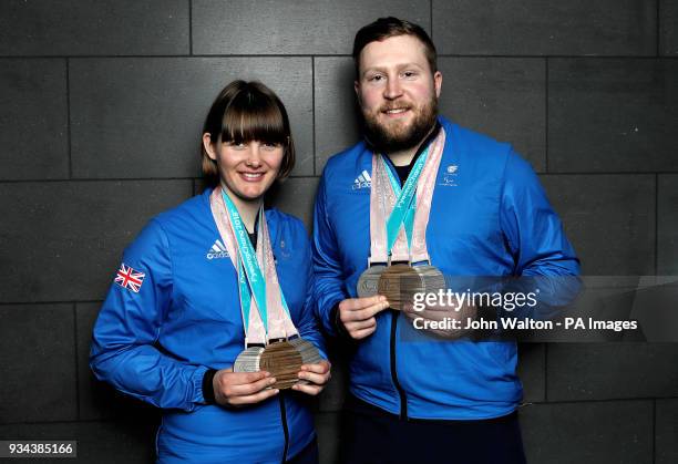 ParalympicsGB's Millie Knight and guide Brett Wild poses with their Bronze and 2 Silver medals as the team arrive at Heathrow Airport, London,...