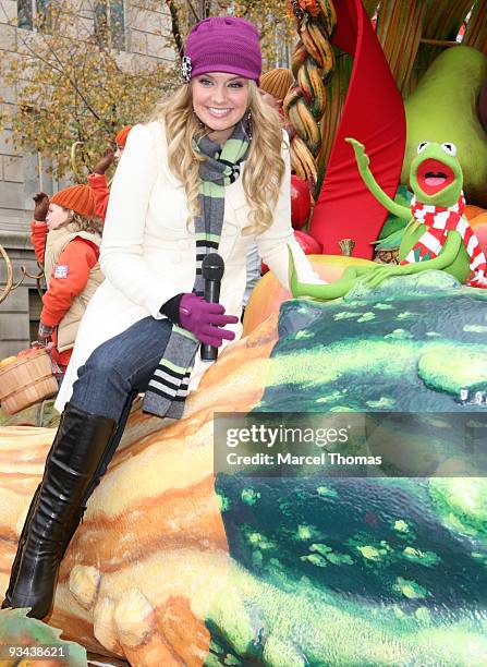 Tiffany Thornton and Kermit the Frog attend the 83rd Annual Macy's Thanksgiving Day Parade on the Streets of Manhattan on November 26, 2009 in New...