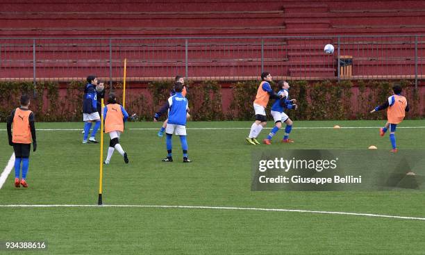 Participants take part in a training session at Stadio in the Centro Sportivo Parco Don Alberto Seri as the Italian Football Federation unveil the...