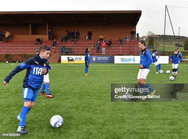 Participants take part in a training session at Stadio in the Centro Sportivo Parco Don Alberto Seri as the Italian Football Federation unveil the...