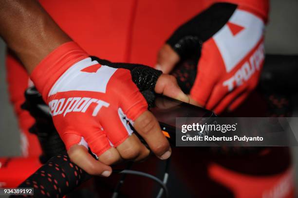 Kevin Rivera Serrano of Androni Giocattoli-Sidermec Italy prepares the GPS during Stage 2 of the Le Tour de Langkawi 2018, Gerik-Kota Bharu 208.3 km...