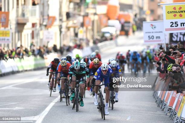 Sprint / Arrival / Alvaro Jose Hodeg Chagui of Colombia and Team Quick-Step Floors / Sam Bennett of Ireland and Team Bora-Hansgrohe / Jay McCarthy of...