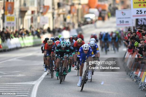 Sprint / Arrival / Alvaro Jose Hodeg Chagui of Colombia and Team Quick-Step Floors / Sam Bennett of Ireland and Team Bora-Hansgrohe / Jay McCarthy of...