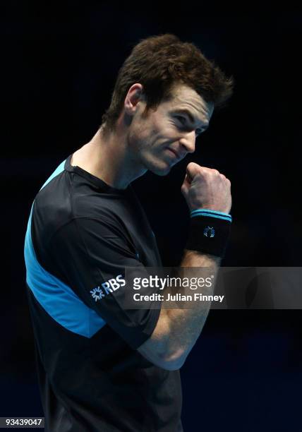 Andy Murray of Great Britain celebrates a point during the men's singles round robin match against Fernando Verdasco of Spain during the Barclays ATP...