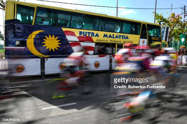 Riders sprint to finish line during Stage 2 of the Le Tour de Langkawi 2018, Gerik-Kota Bharu 208.3 km on March 19, 2018 in Langkawi, Malaysia.