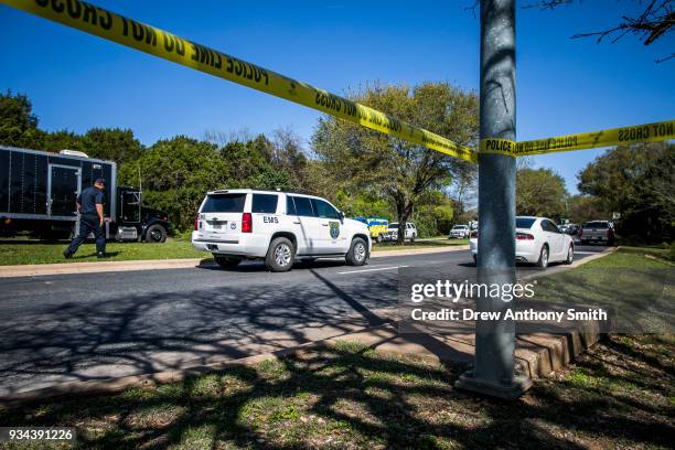 Police tape marks off the neighborhood where a package bomb went off on March 19, 2018 in Austin, Texas. Police are investigating the bombing which...