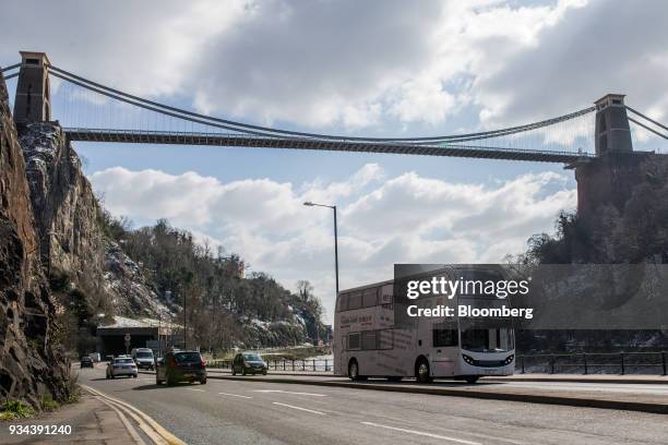 Bus covered with an ad, commissioned by the Normandy Development Agency, urging entrepreneurs to open offices or production sites in Normandy, passes...