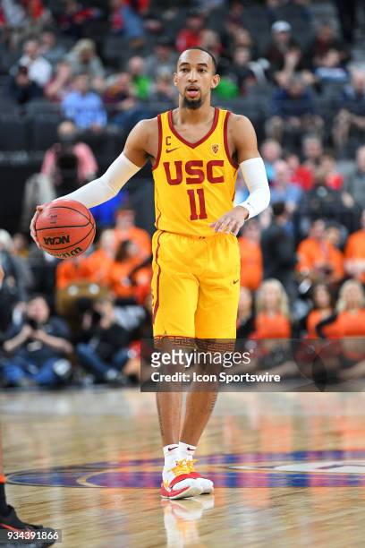 Guard Jordan McLaughlin sets up the offense during the quarterfinal game of the mens Pac-12 Tournament between the Oregon State Beavers and the USC...