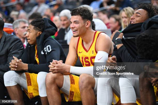 Forward Jordan Usher looks on from the bench during the quarterfinal game of the mens Pac-12 Tournament between the Oregon State Beavers and the USC...