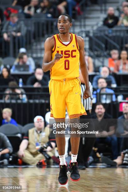 Guard Shaqquan Aaron celebrates a play during the quarterfinal game of the mens Pac-12 Tournament between the Oregon State Beavers and the USC...