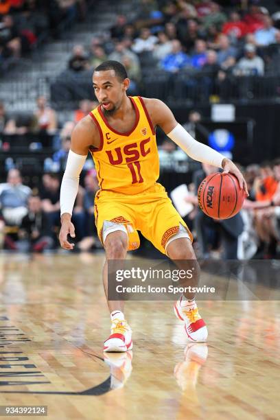 Guard Jordan McLaughlin looks to attack the basket during the quarterfinal game of the mens Pac-12 Tournament between the Oregon State Beavers and...