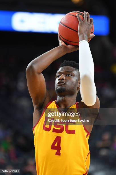 Forward Chimezie Metu shoots a free throw during the quarterfinal game of the mens Pac-12 Tournament between the Oregon State Beavers and the USC...