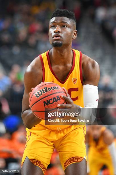 Forward Chimezie Metu shoots a free throw during the quarterfinal game of the mens Pac-12 Tournament between the Oregon State Beavers and the USC...