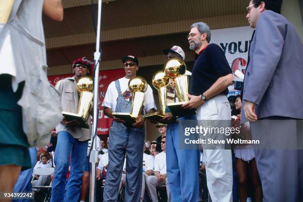 The Chicago Bulls celebrates at the Bulls 1996 NBA Championship parade on June 18, 1996 in Chicago, Illinois. NOTE TO USER: User expressly...