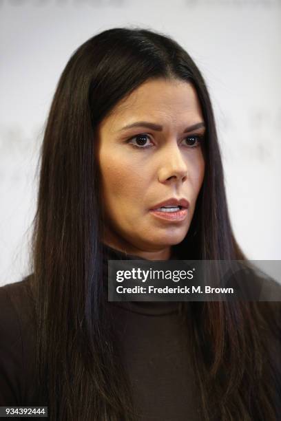 Regina Simons speaks during a press conference with Faviola Dadis and their attorney Lisa Bloom, Dadis and Simons are accusing actor Steven Seagal of...