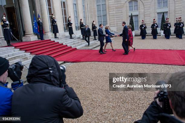 French President of the Republic, Emmanuel Macron and his wife Brigitte welcome the Grand Duke and the Grand Duchess of Luxembourg, at the Elysee...