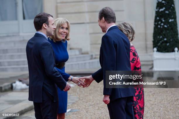 French President of the Republic, Emmanuel Macron and his wife Brigitte welcome the Grand Duke and the Grand Duchess of Luxembourg, at the Elysee...