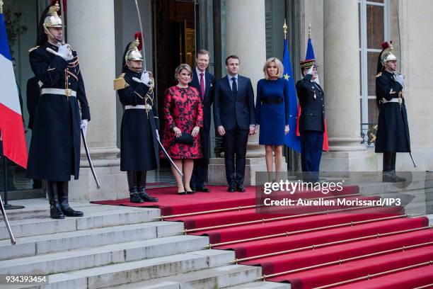 French President of the Republic, Emmanuel Macron and his wife Brigitte welcome the Grand Duke and the Grand Duchess of Luxembourg, at the Elysee...