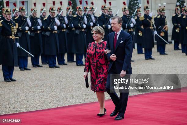 French President of the Republic, Emmanuel Macron and his wife Brigitte welcome the Grand Duke and the Grand Duchess of Luxembourg, at the Elysee...