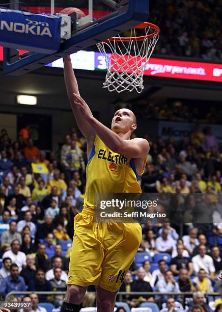 Maciej Lampe, #14 of Maccabi Electra in action during the Euroleague Basketball Regular Season 2009-2010 Game Day 5 between Maccabi Electra Tel Aviv...